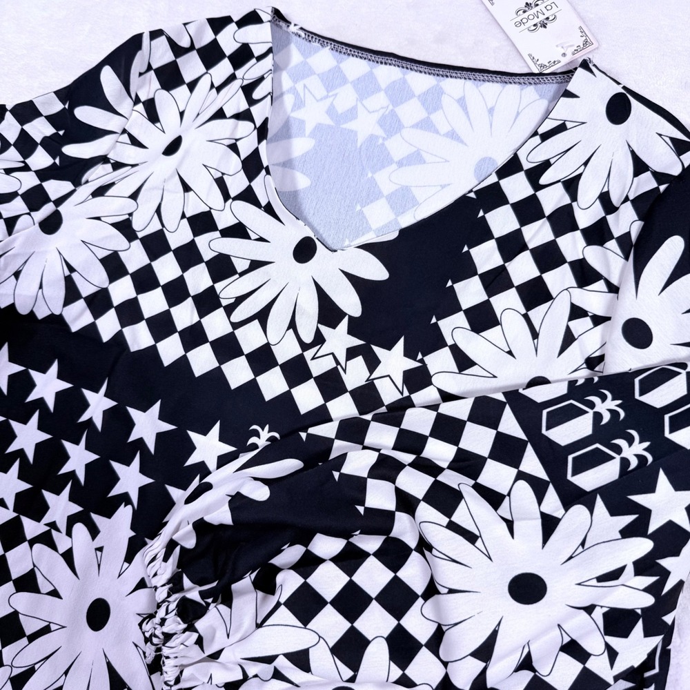 Black and White Floral Star Print Blouse Top Long Bishop Sleeve 2XL